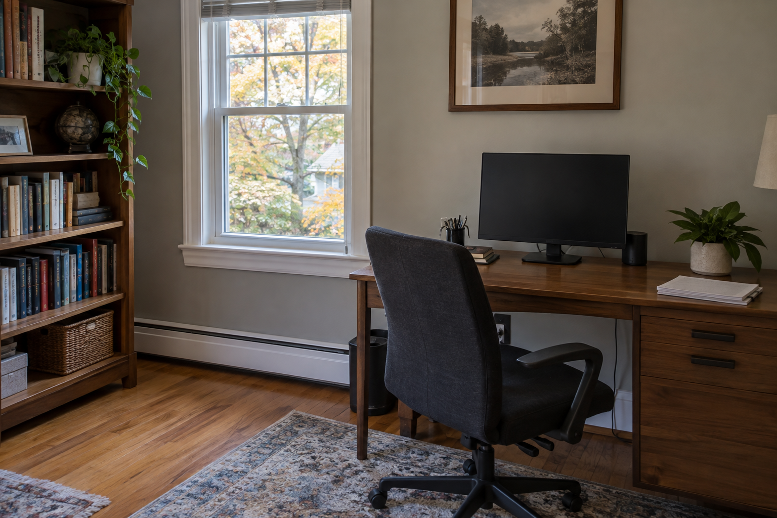 Generic home office with desk, chair, bookshelf, window trim, and floor edges in soft fall daylight