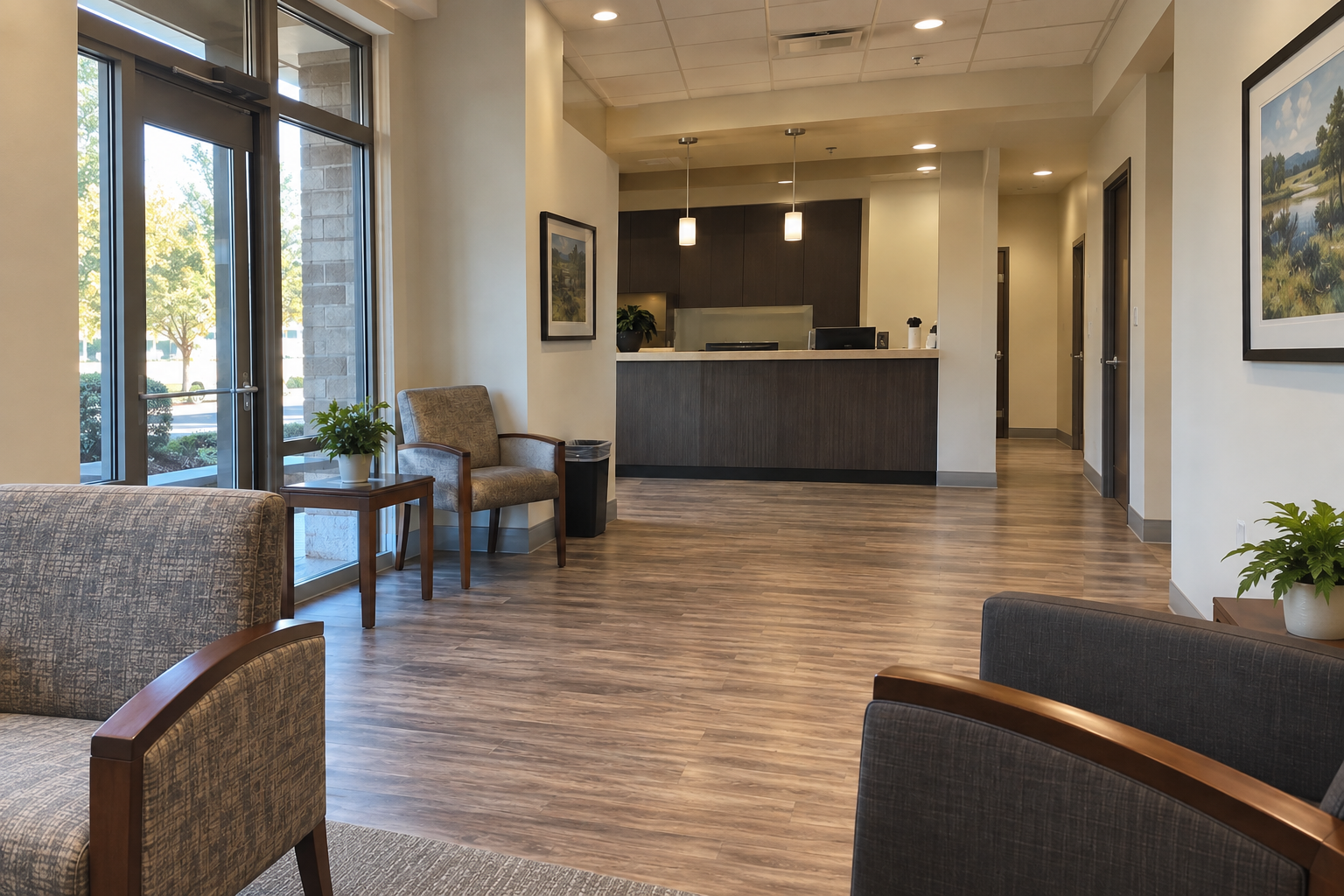 Generic medical office waiting room prepared for visitors with clean floors, orderly seating, and a reception desk