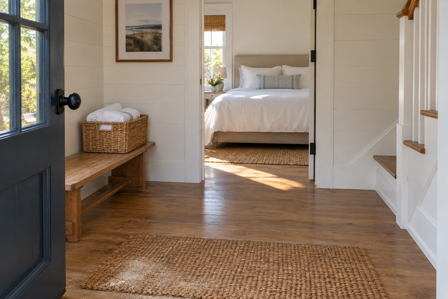 Generic Montauk vacation rental entryway with folded guest towels and a clean bedroom beyond