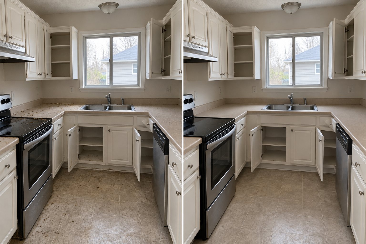 Kitchen after move-in/out cleaning — simulated empty room