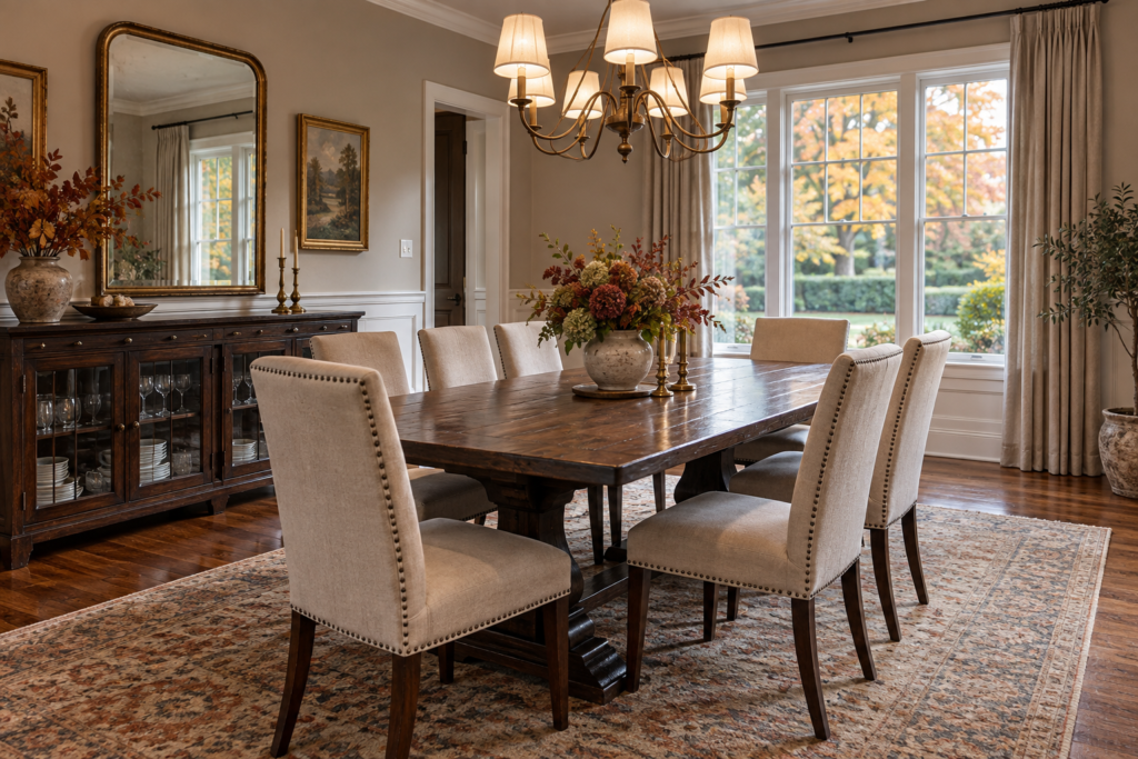 Formal dining room with a wood table, upholstered chairs, glass-front sideboard, area rug, and fall foliage outside