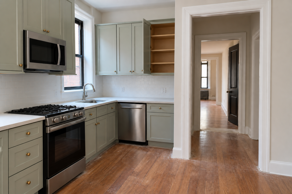 Generic renovated Park Slope kitchen with empty shelving and fine dust along floors before post-construction cleaning