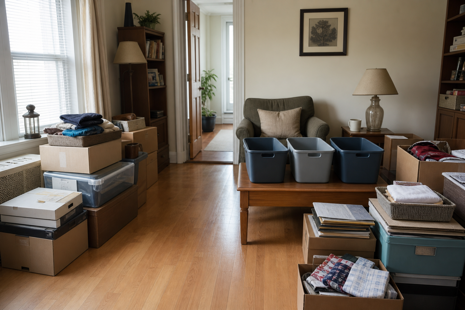 Queens Village home interior arranged for a respectful clutter cleanup consultation with clear walking space and review bins