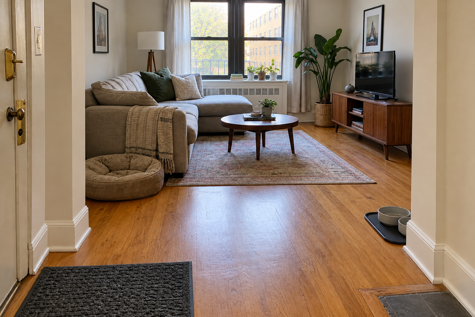Riverdale apartment living room with pet bed, feeding area and clear floors