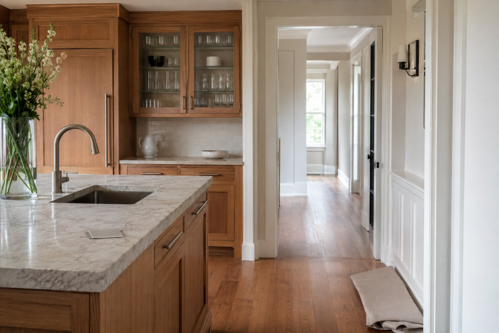 Recently renovated Sands Point kitchen with natural stone, wood cabinetry, glass, and finished hardwood floors prepared for careful post-construction cleaning
