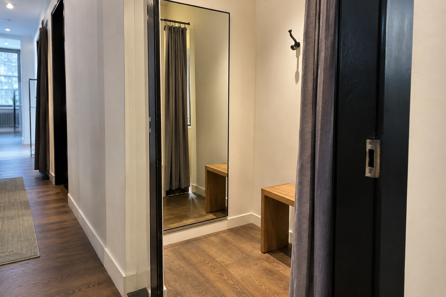 Generic compact retail fitting room with mirror, bench, curtain, and floor threshold