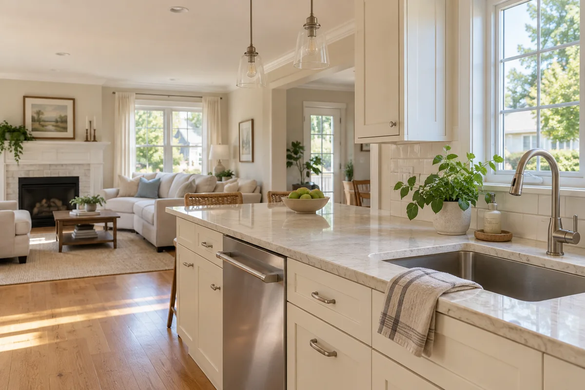 Sunlit kitchen opening into a welcoming living room