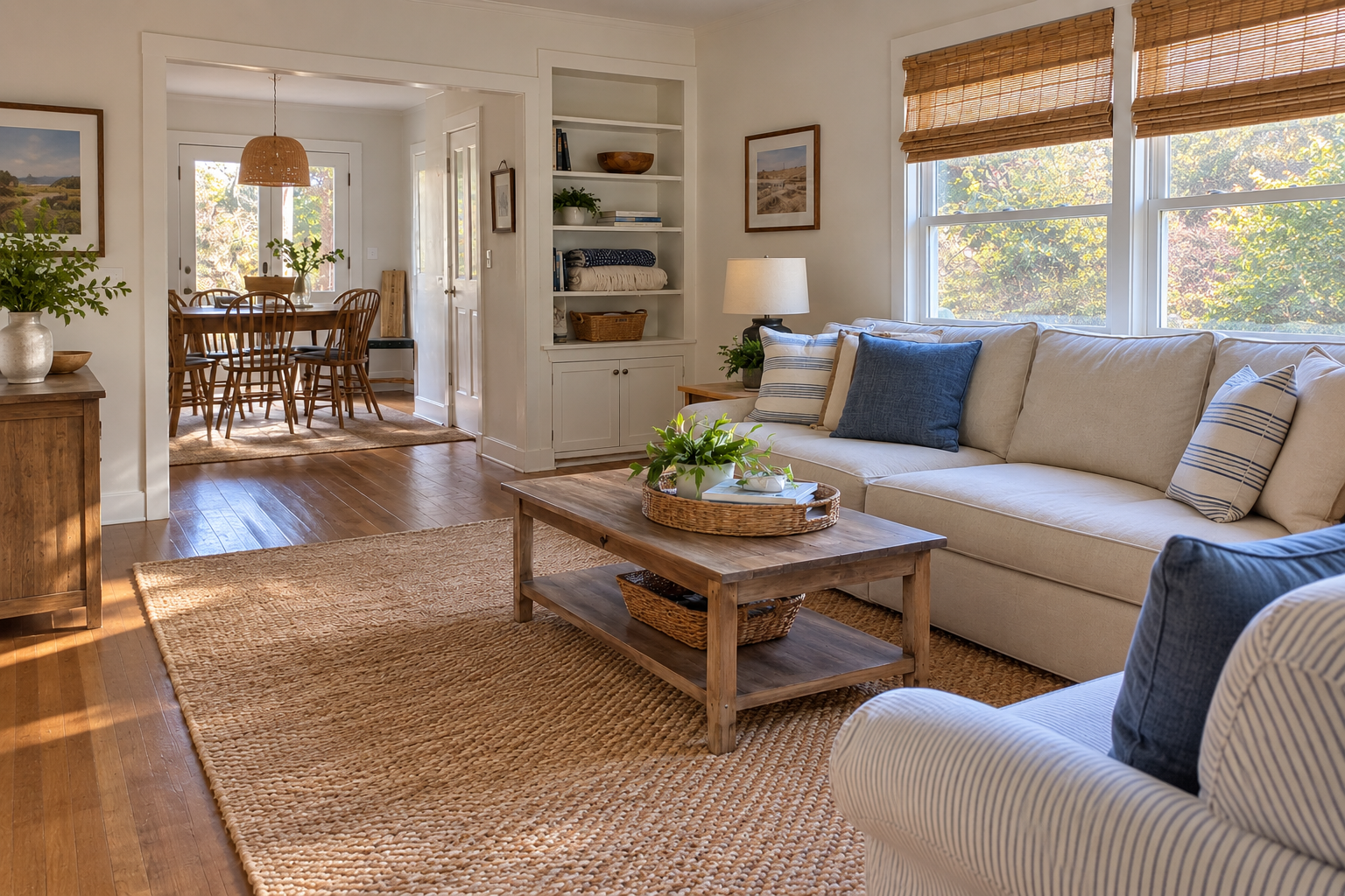 Generic modest seasonal-rental living room with folded dry throws on a shelf and a clear route to the dining area