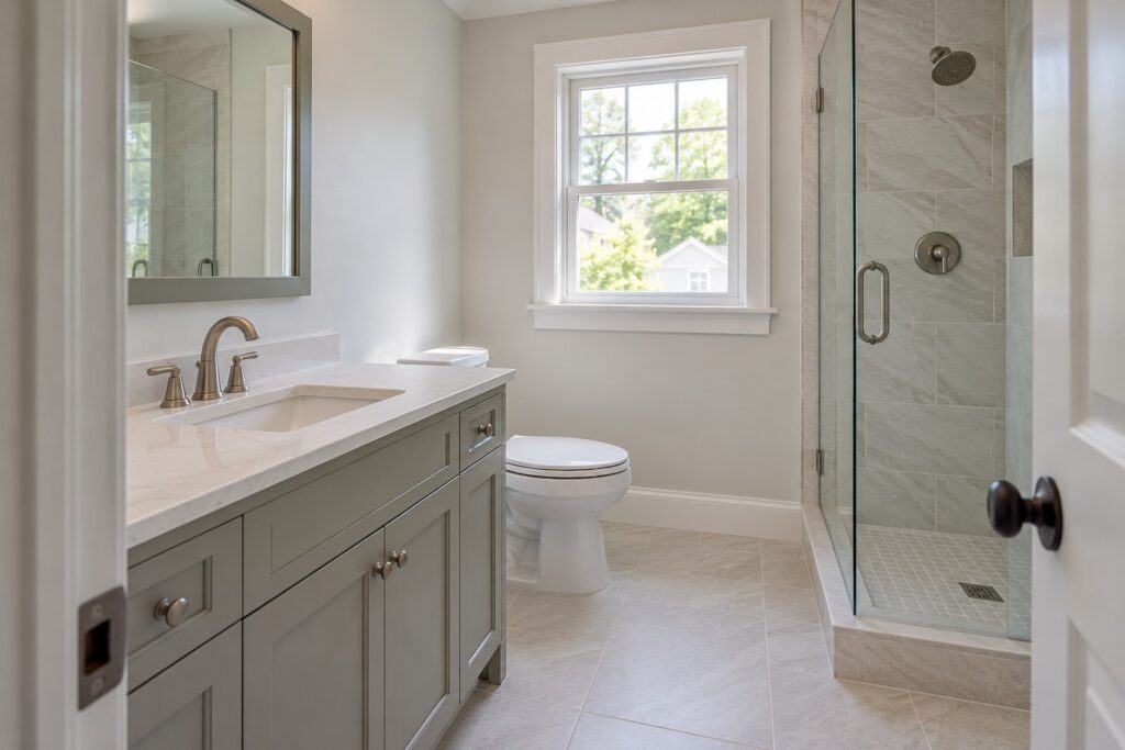 Bathroom with a painted vanity, tiled shower, glass door and pale tile floor