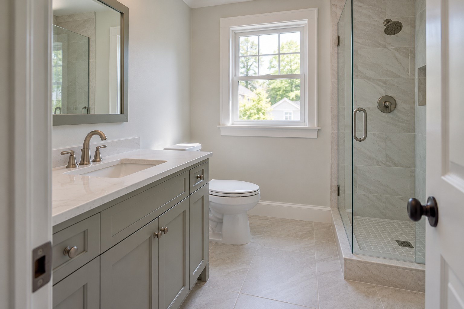 Bathroom with a painted vanity, tiled shower, glass door and pale tile floor