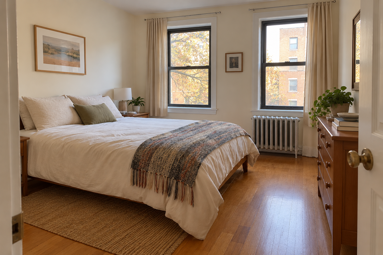 Generic modest apartment bedroom with a clear path from the doorway to the bed