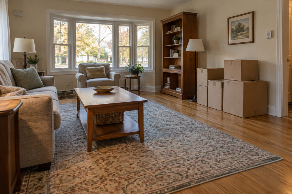 Generic living room with a clear path and a few closed boxes set aside for an estate cleanout planning discussion