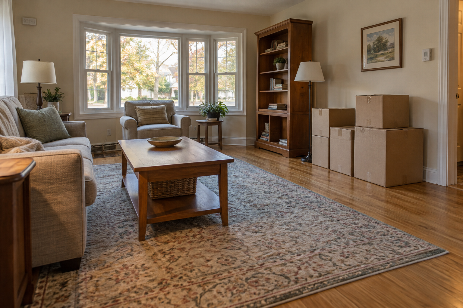 Generic living room with a clear path and a few closed boxes set aside for an estate cleanout planning discussion