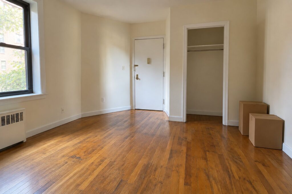 Unfurnished apartment with an empty closet and two closed boxes beside a clear path to the entry