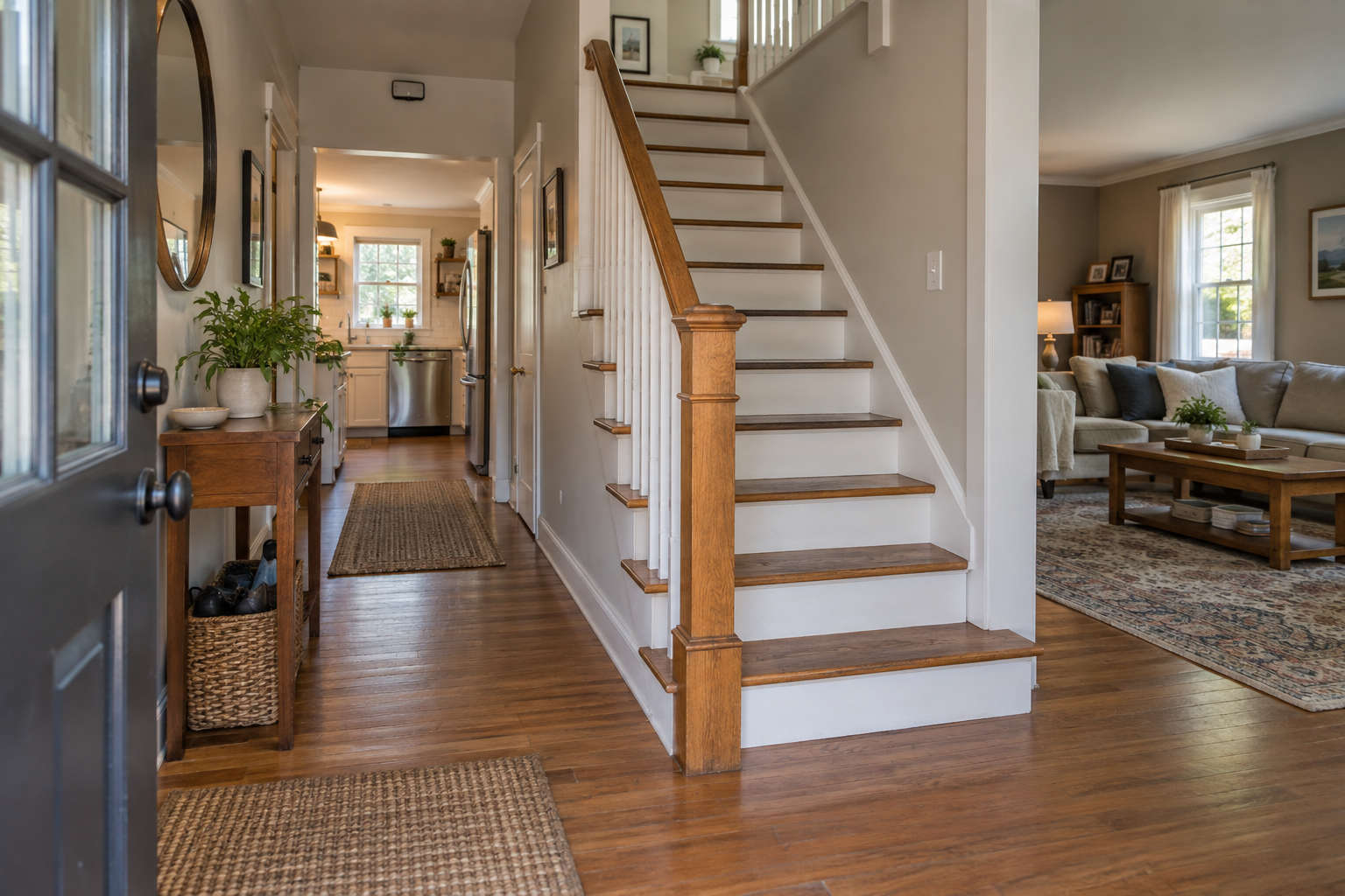 Generic multi-level home entry with kitchen, living room, and staircase