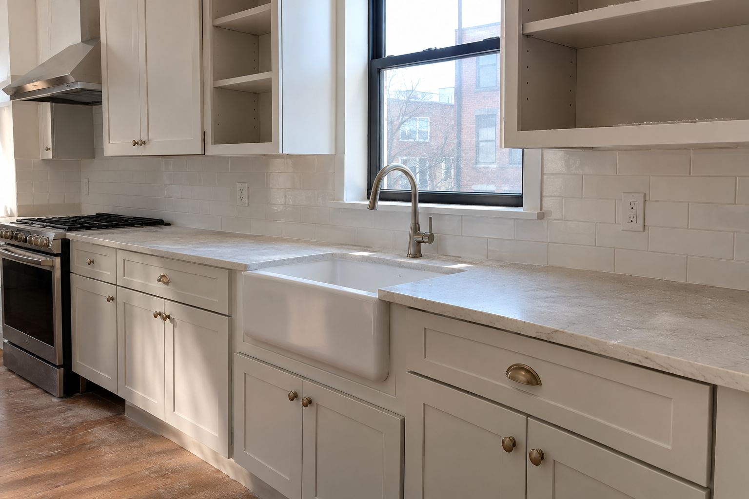 Generic renovated Brooklyn kitchen with new cabinets, open shelving and millwork awaiting careful post-construction dust cleaning