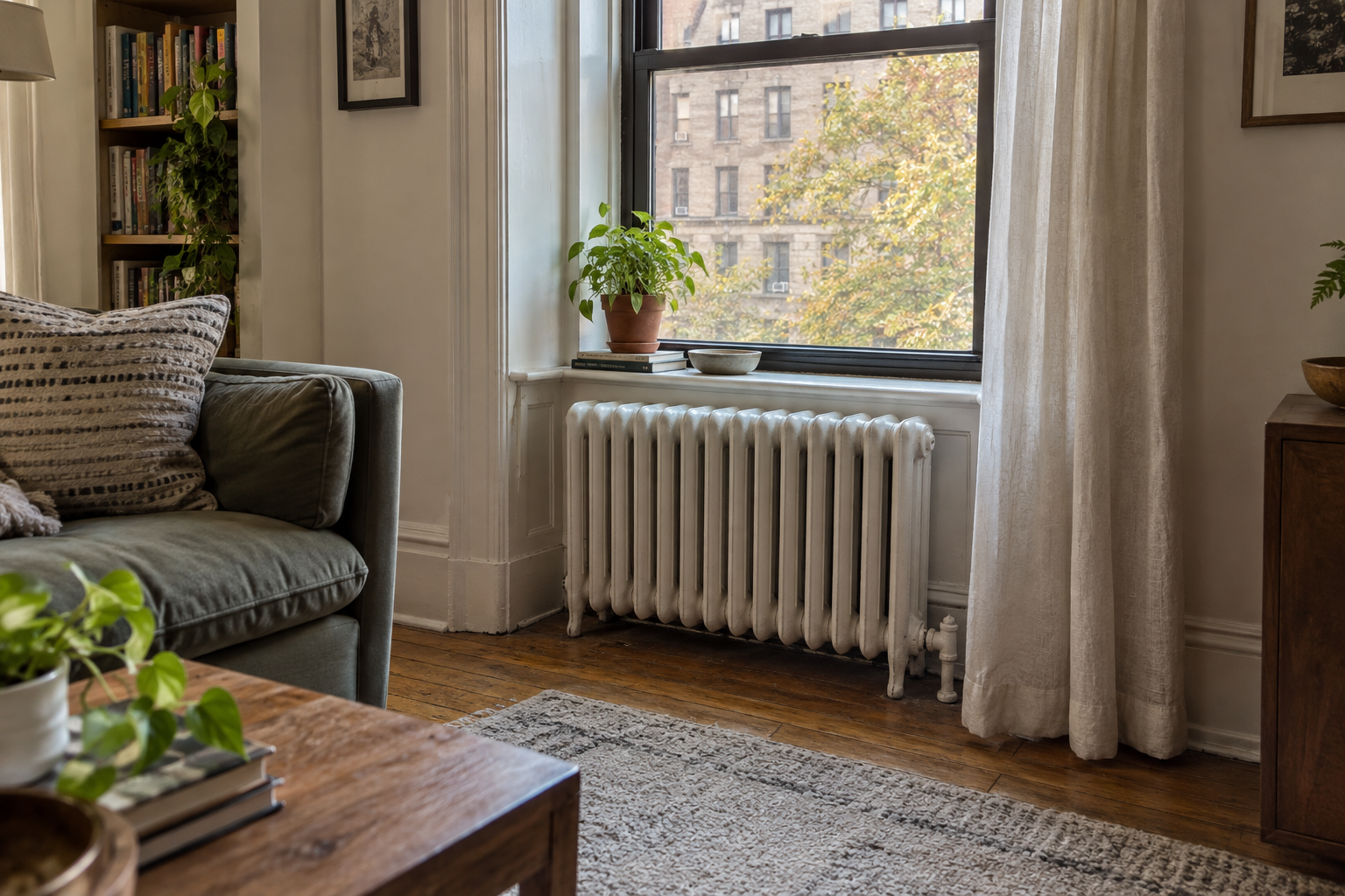 Illustrative Upper West Side apartment living room with a cast-iron radiator beneath a window, nearby trim and curtain